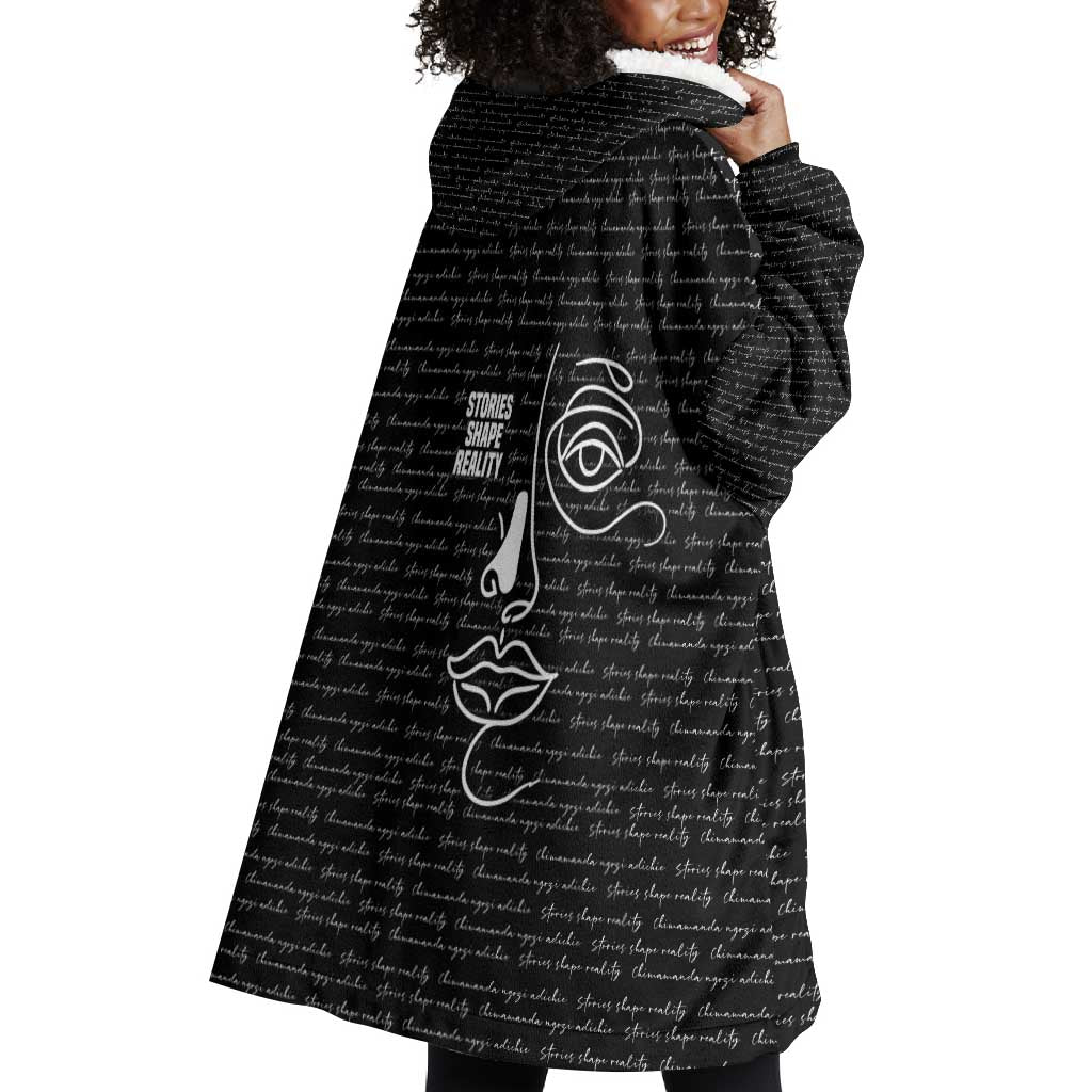 Chimamanda Ngozi Adichie Wearable Blanket Hoodie with Expressive Speaking Portrait, Stories Shape Reality - Wonder Print Shop