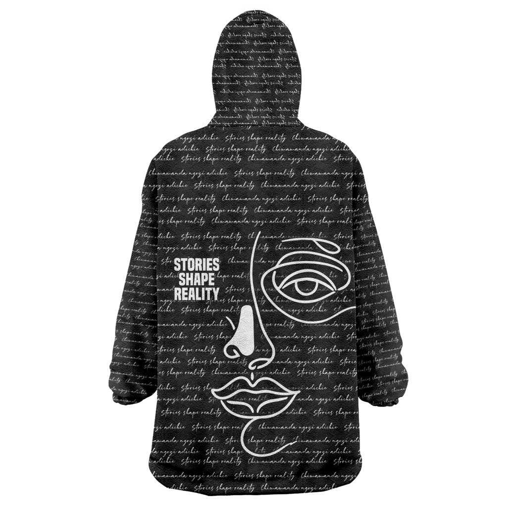 Chimamanda Ngozi Adichie Wearable Blanket Hoodie with Expressive Speaking Portrait, Stories Shape Reality - Wonder Print Shop