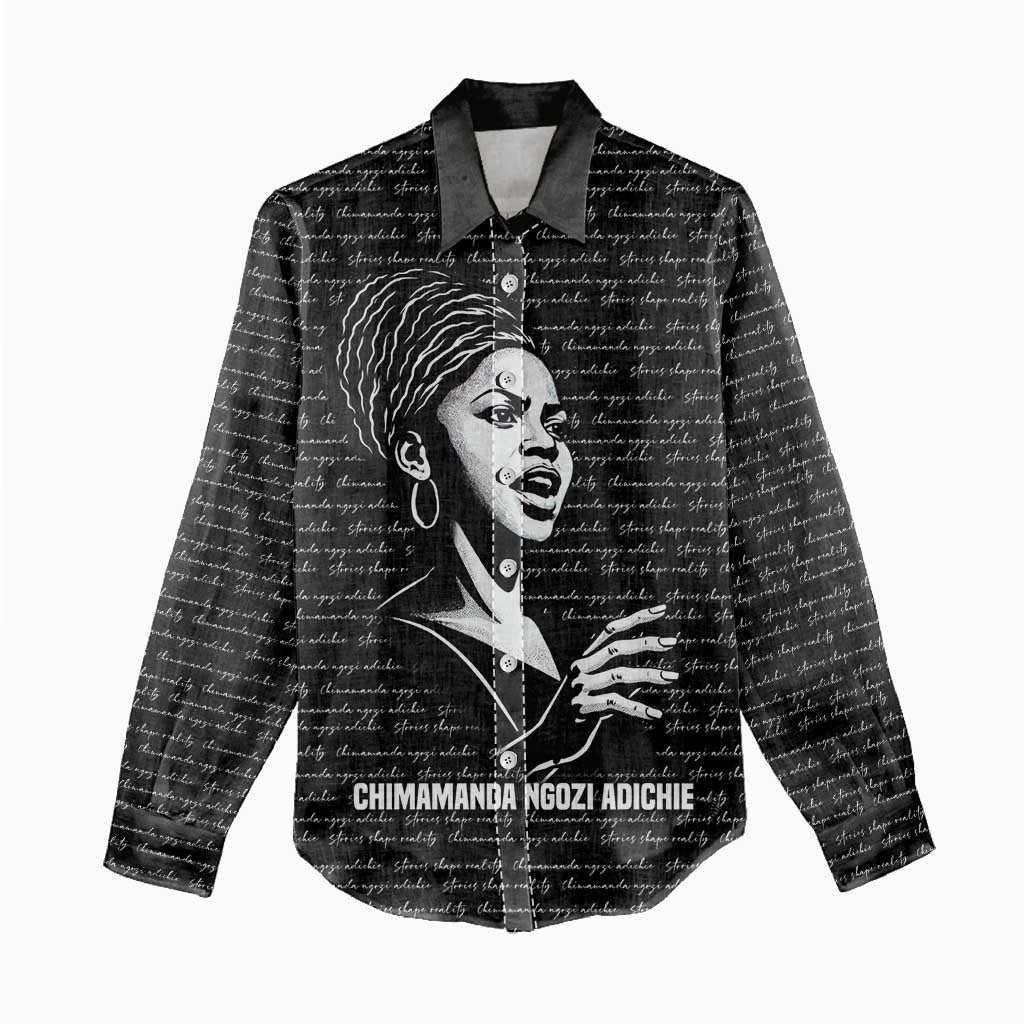 Chimamanda Ngozi Adichie Women Casual Shirt with Expressive Speaking Portrait, Stories Shape Reality - Wonder Print Shop