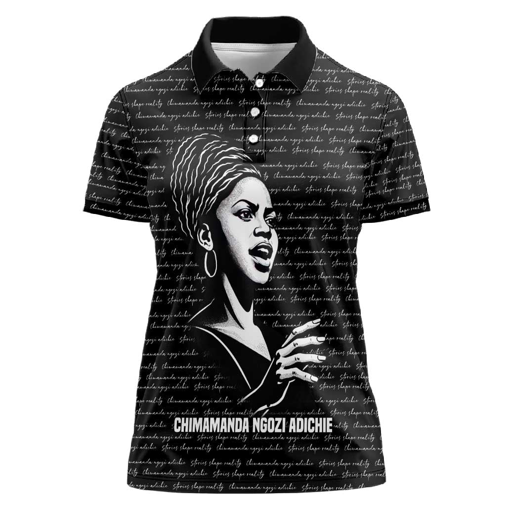 Chimamanda Ngozi Adichie Women Polo Shirt with Expressive Speaking Portrait, Stories Shape Reality - Wonder Print Shop