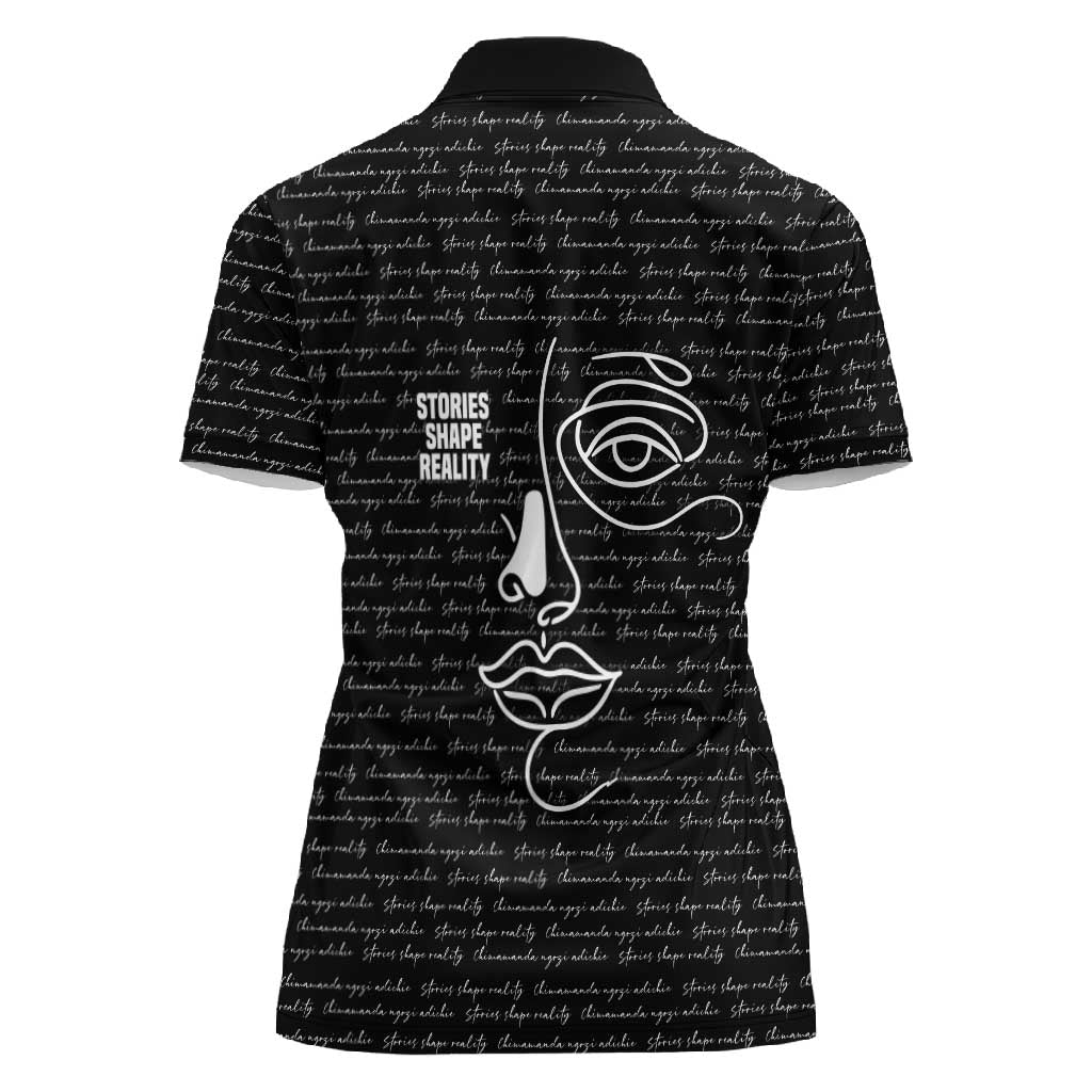 Chimamanda Ngozi Adichie Women Polo Shirt with Expressive Speaking Portrait, Stories Shape Reality - Wonder Print Shop