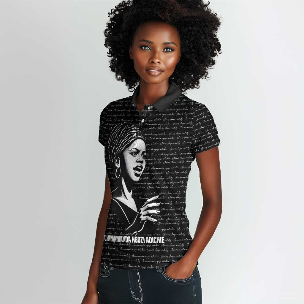 Chimamanda Ngozi Adichie Women Polo Shirt with Expressive Speaking Portrait, Stories Shape Reality - Wonder Print Shop