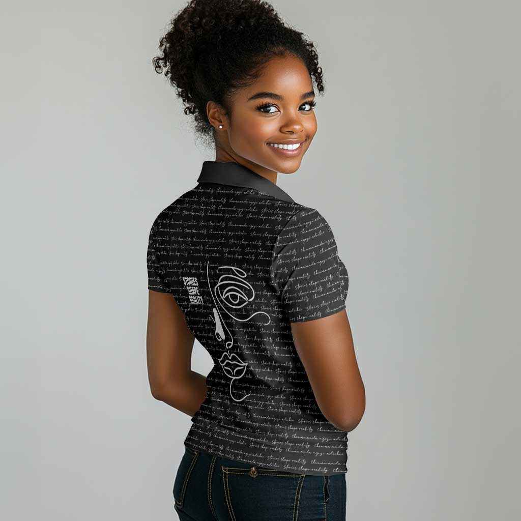 Chimamanda Ngozi Adichie Women Polo Shirt with Expressive Speaking Portrait, Stories Shape Reality - Wonder Print Shop