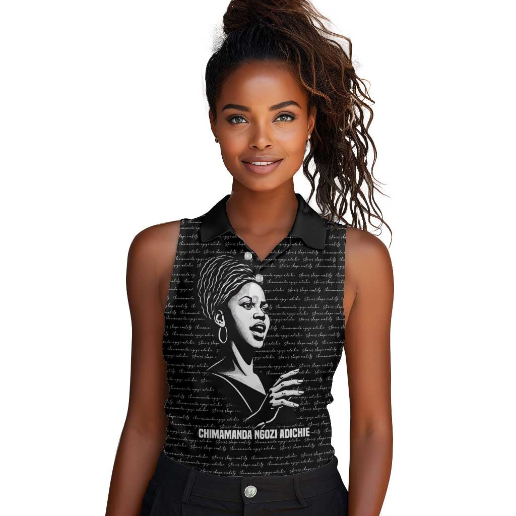 Chimamanda Ngozi Adichie Women Sleeveless Polo Shirt with Expressive Speaking Portrait, Stories Shape Reality - Wonder Print Shop