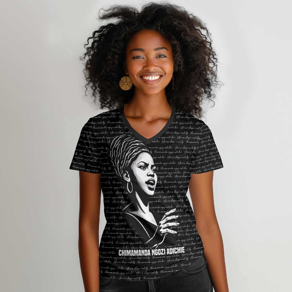 Chimamanda Ngozi Adichie Women V-Neck T-Shirt with Expressive Speaking Portrait, Stories Shape Reality - Wonder Print Shop