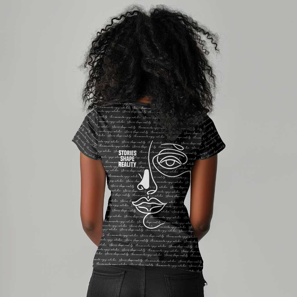 Chimamanda Ngozi Adichie Women V-Neck T-Shirt with Expressive Speaking Portrait, Stories Shape Reality - Wonder Print Shop