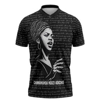 Chimamanda Ngozi Adichie Zipper Polo Shirt with Expressive Speaking Portrait, Stories Shape Reality - Wonder Print Shop