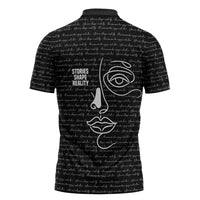 Chimamanda Ngozi Adichie Zipper Polo Shirt with Expressive Speaking Portrait, Stories Shape Reality - Wonder Print Shop