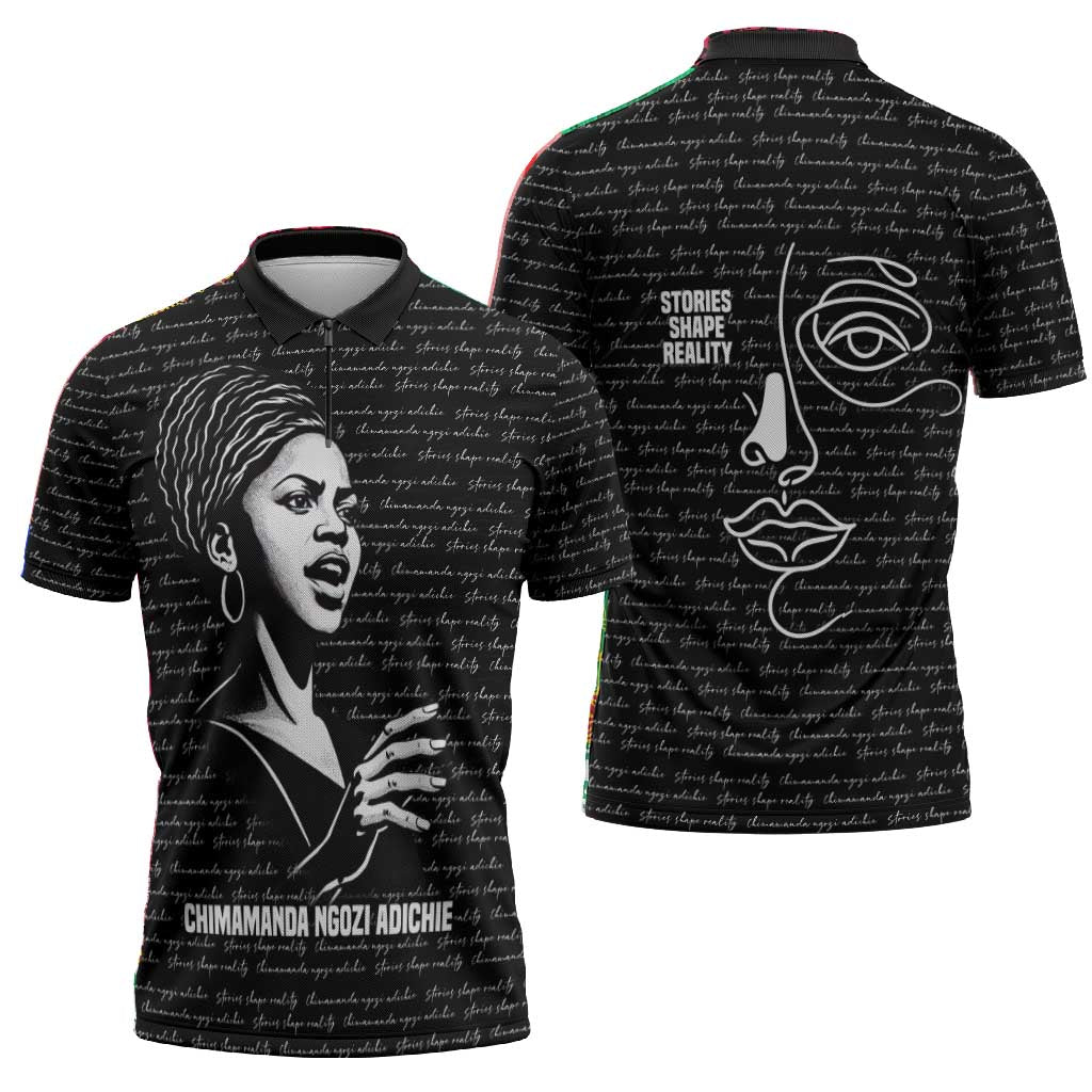 Chimamanda Ngozi Adichie Zipper Polo Shirt with Expressive Speaking Portrait, Stories Shape Reality - Wonder Print Shop