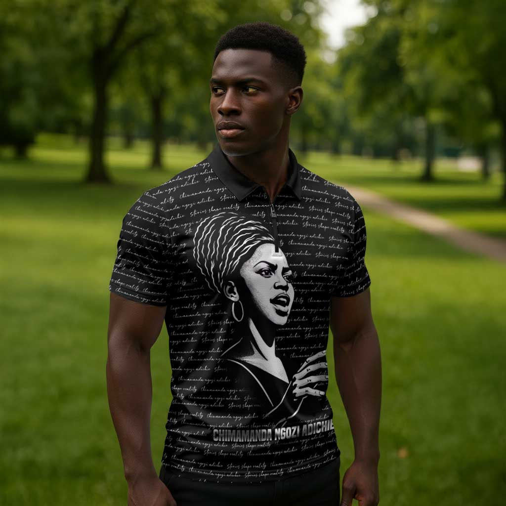 Chimamanda Ngozi Adichie Zipper Polo Shirt with Expressive Speaking Portrait, Stories Shape Reality - Wonder Print Shop