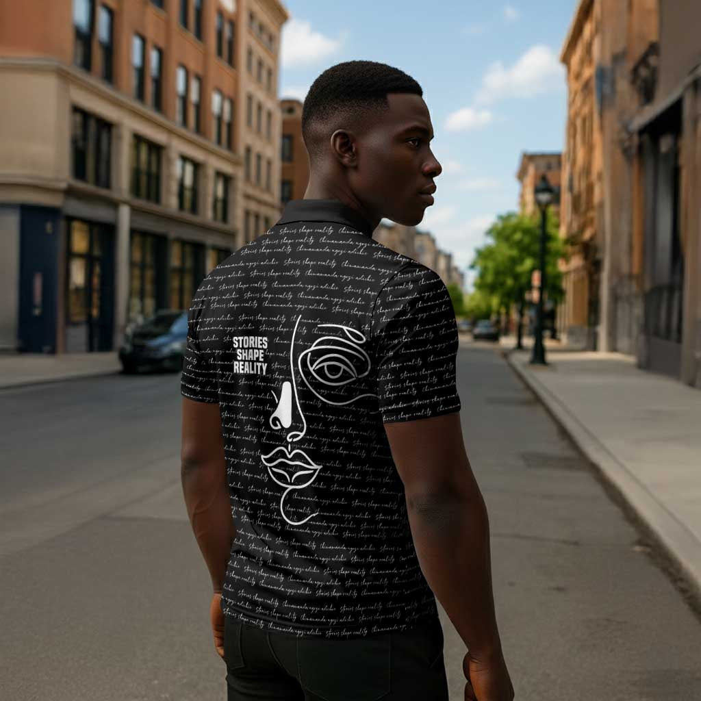 Chimamanda Ngozi Adichie Zipper Polo Shirt with Expressive Speaking Portrait, Stories Shape Reality - Wonder Print Shop