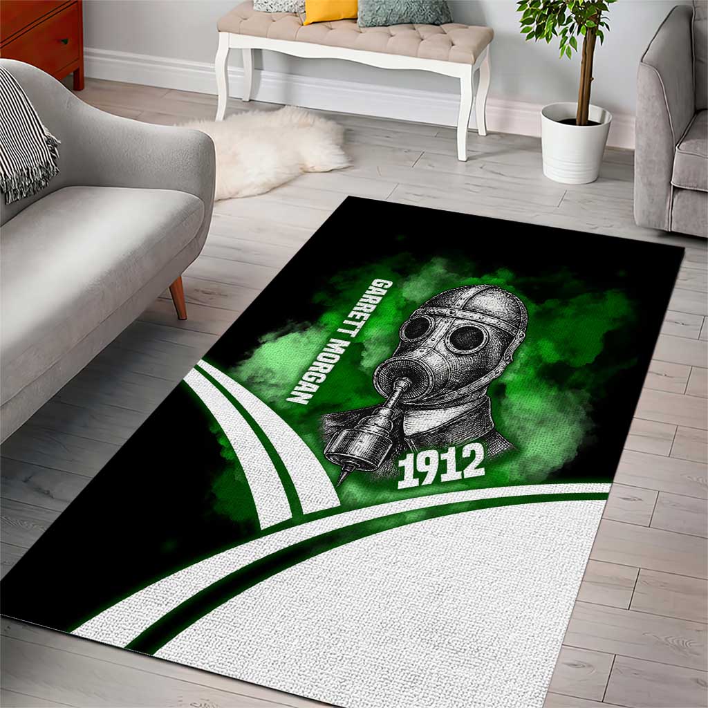Garrett Morgan Area Rug with Gas Mask Invention Illustration, Inventing to Save Lives Quote - Wonder Print Shop