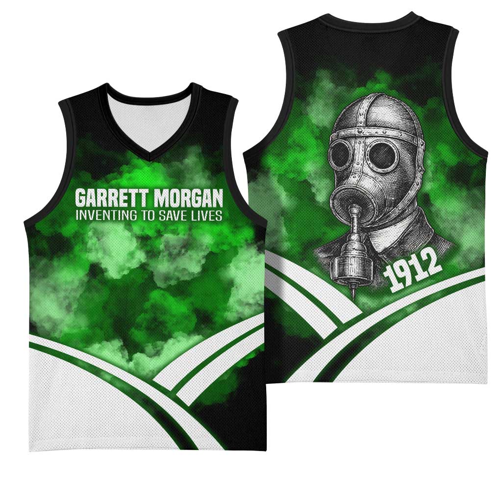 Garrett Morgan Basketball Jersey with Gas Mask Invention Illustration, Inventing to Save Lives Quote - Wonder Print Shop