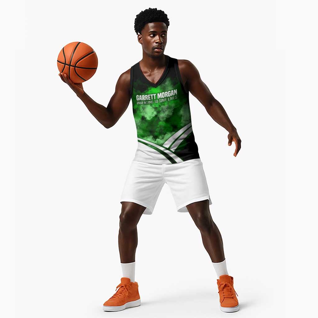 Garrett Morgan Basketball Jersey with Gas Mask Invention Illustration, Inventing to Save Lives Quote - Wonder Print Shop