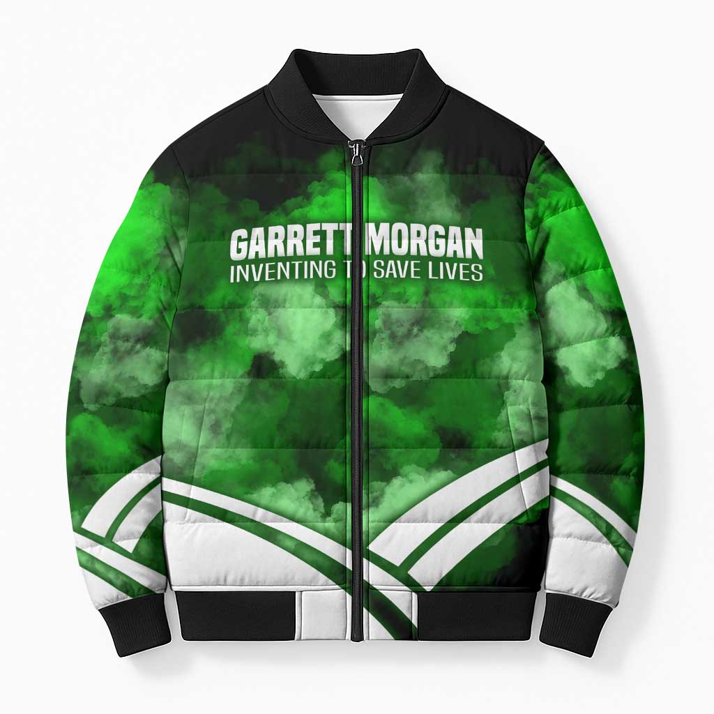 Garrett Morgan Bomber Puffer Jacket with Gas Mask Invention Illustration, Inventing to Save Lives Quote - Wonder Print Shop