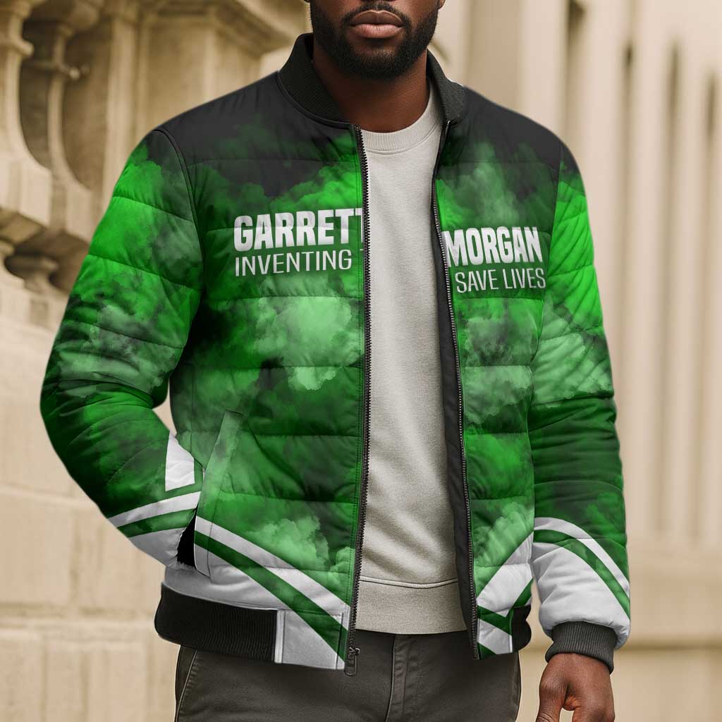 Garrett Morgan Bomber Puffer Jacket with Gas Mask Invention Illustration, Inventing to Save Lives Quote - Wonder Print Shop