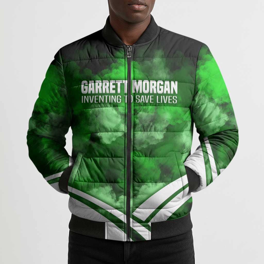 Garrett Morgan Bomber Puffer Jacket with Gas Mask Invention Illustration, Inventing to Save Lives Quote - Wonder Print Shop