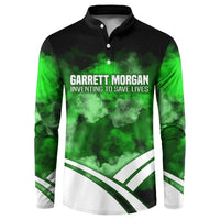 Garrett Morgan Button Sweatshirt with Gas Mask Invention Illustration, Inventing to Save Lives Quote