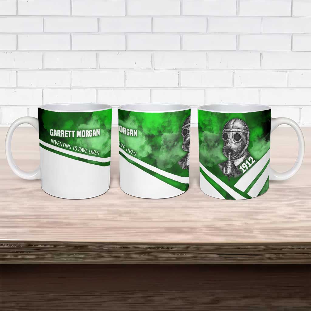 Garrett Morgan Ceramic Mug with Gas Mask Invention Illustration, Inventing to Save Lives Quote - Wonder Print Shop