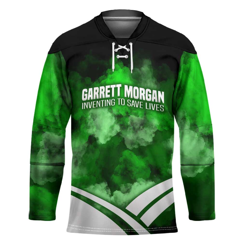 Garrett Morgan Hockey Jersey with Gas Mask Invention Illustration, Inventing to Save Lives Quote - Wonder Print Shop
