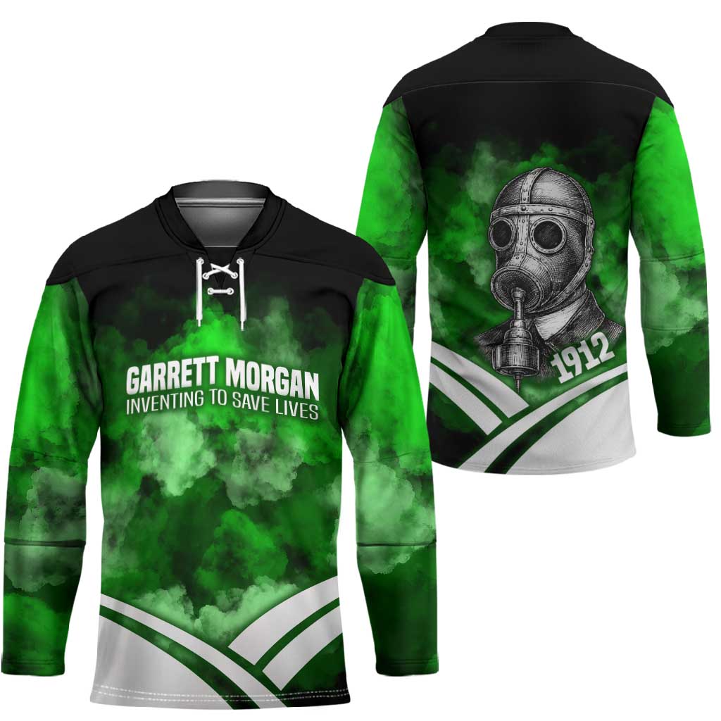 Garrett Morgan Hockey Jersey with Gas Mask Invention Illustration, Inventing to Save Lives Quote - Wonder Print Shop