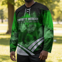 Garrett Morgan Hockey Jersey with Gas Mask Invention Illustration, Inventing to Save Lives Quote - Wonder Print Shop