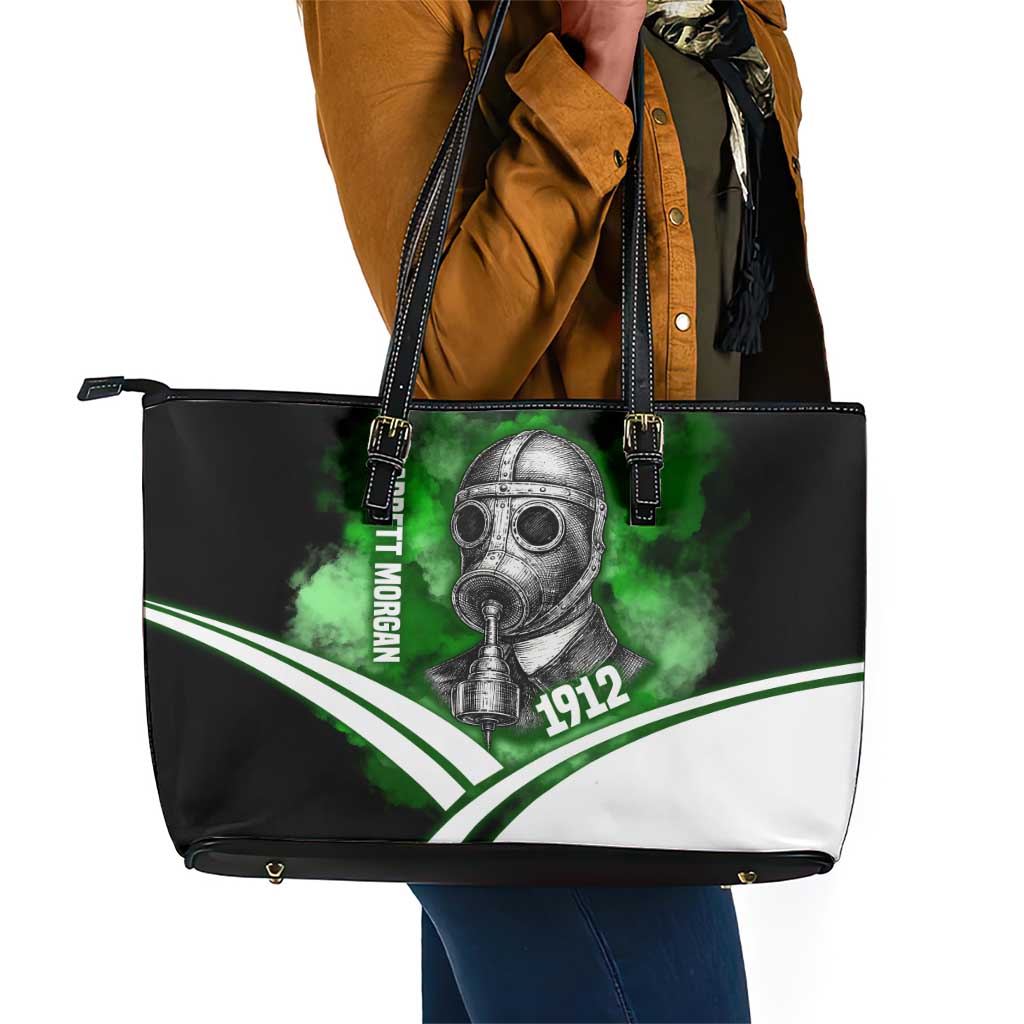Garrett Morgan Leather Tote Bag with Gas Mask Invention Illustration, Inventing to Save Lives Quote - Wonder Print Shop