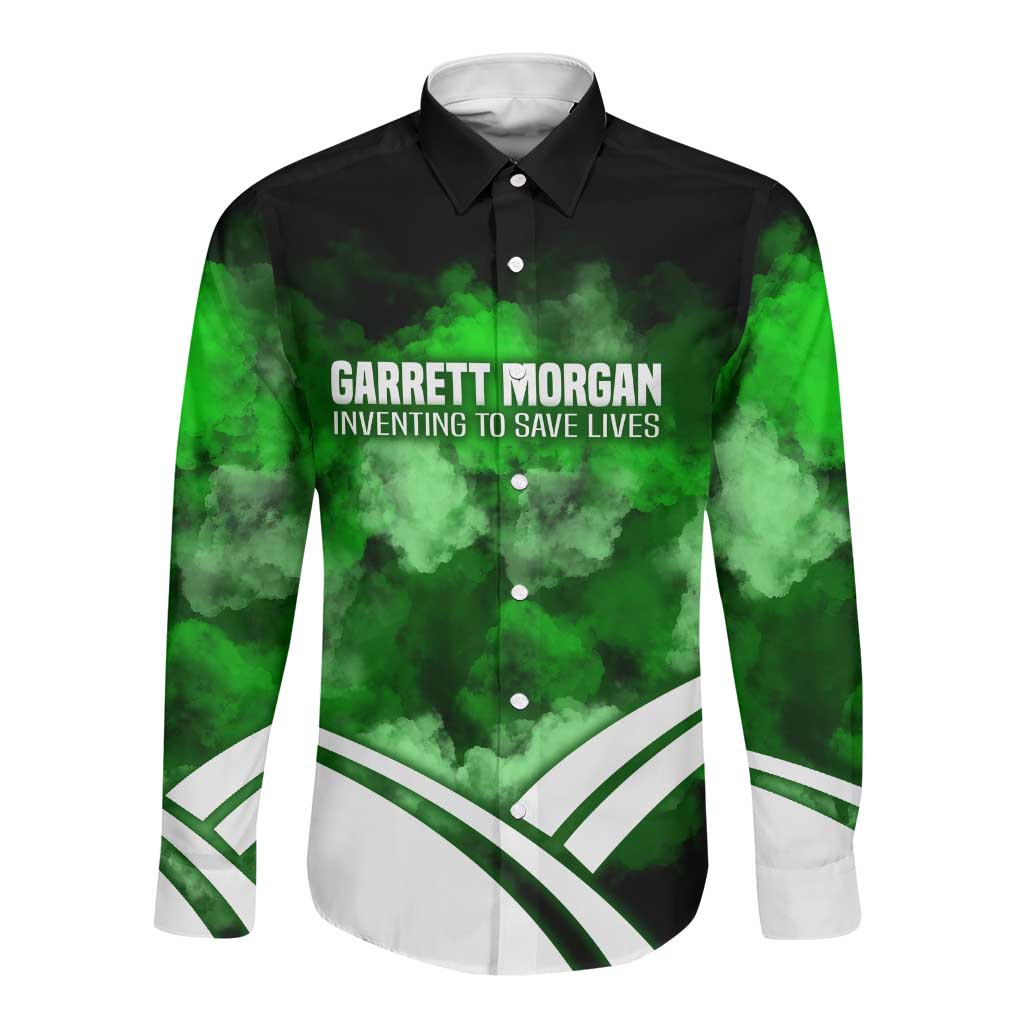 Garrett Morgan Long Sleeve Button Shirt with Gas Mask Invention Illustration, Inventing to Save Lives Quote - Wonder Print Shop