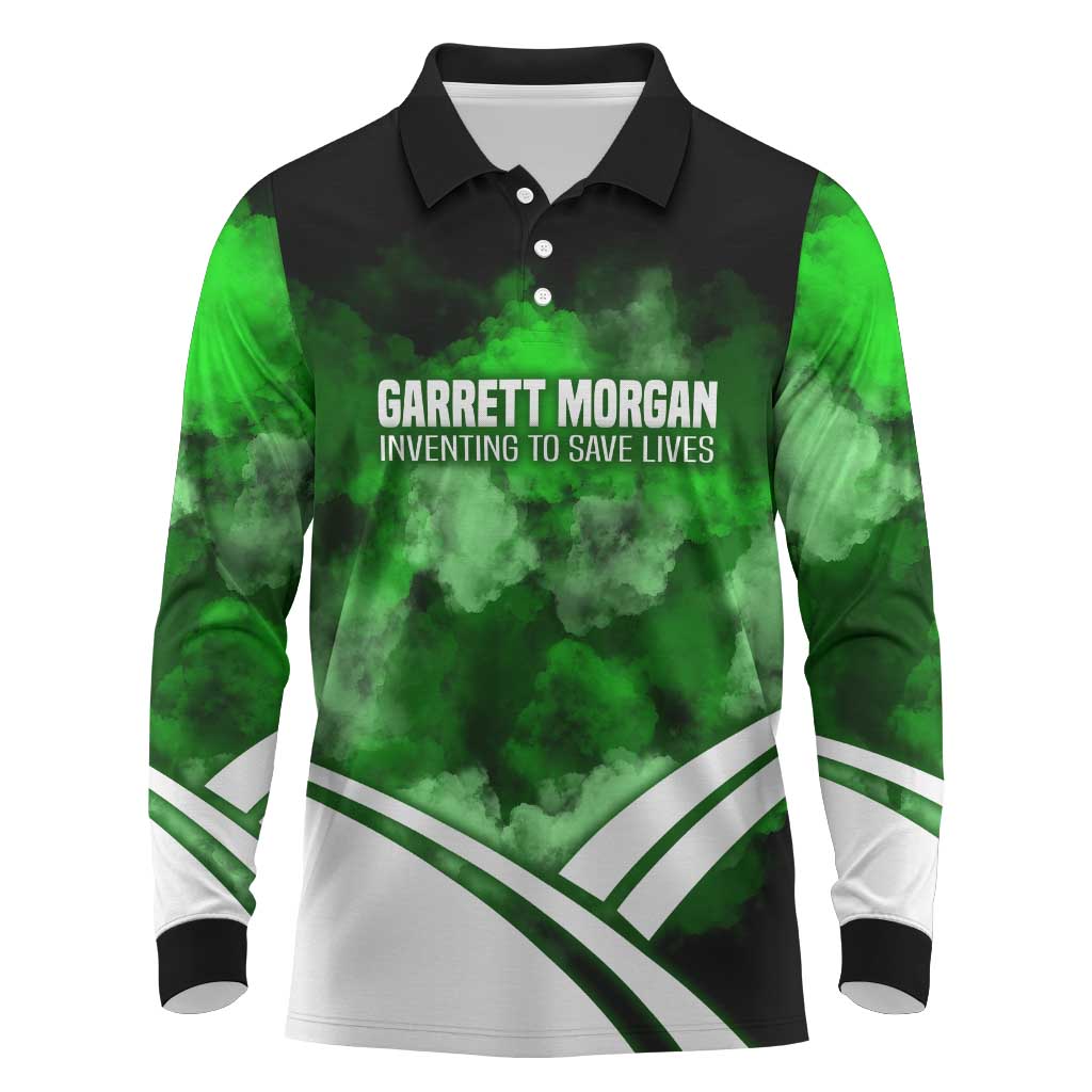 Garrett Morgan Long Sleeve Polo Shirt with Gas Mask Invention Illustration, Inventing to Save Lives Quote - Wonder Print Shop