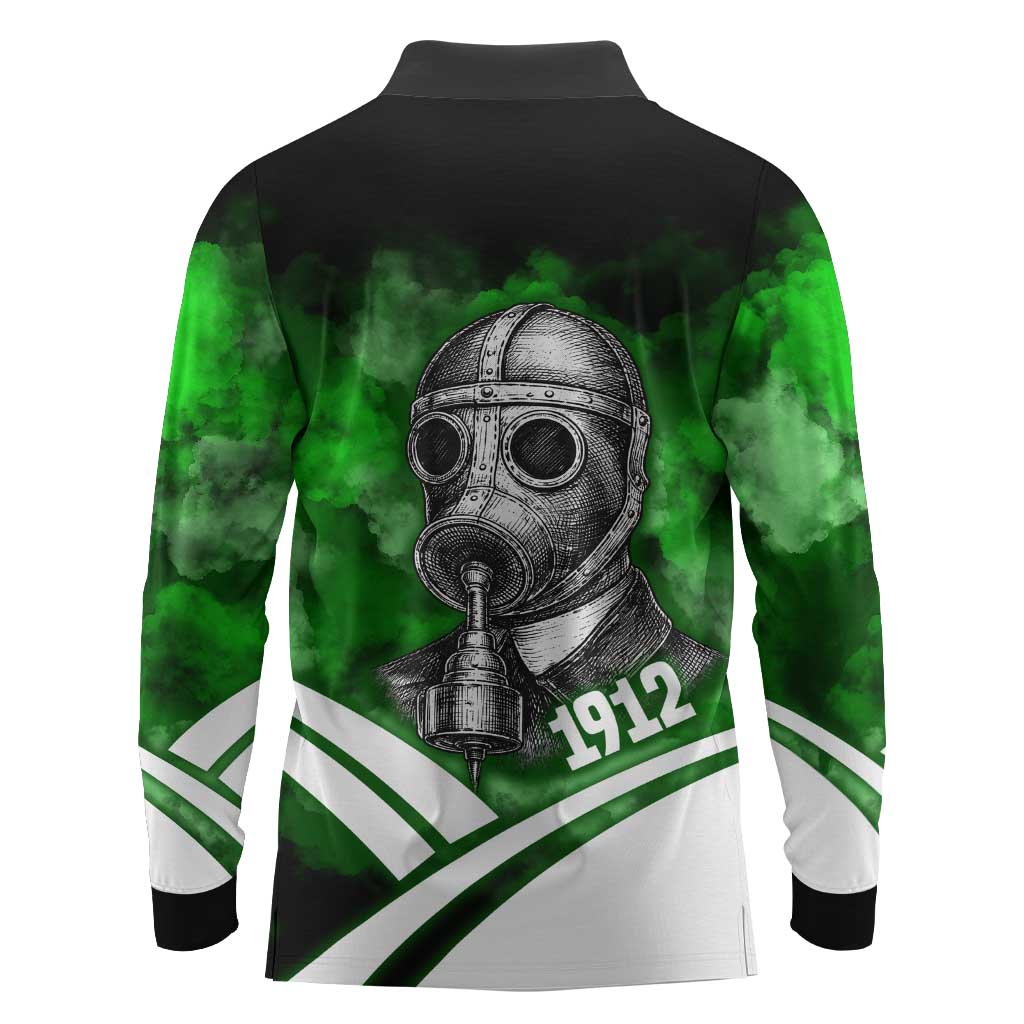 Garrett Morgan Long Sleeve Polo Shirt with Gas Mask Invention Illustration, Inventing to Save Lives Quote - Wonder Print Shop