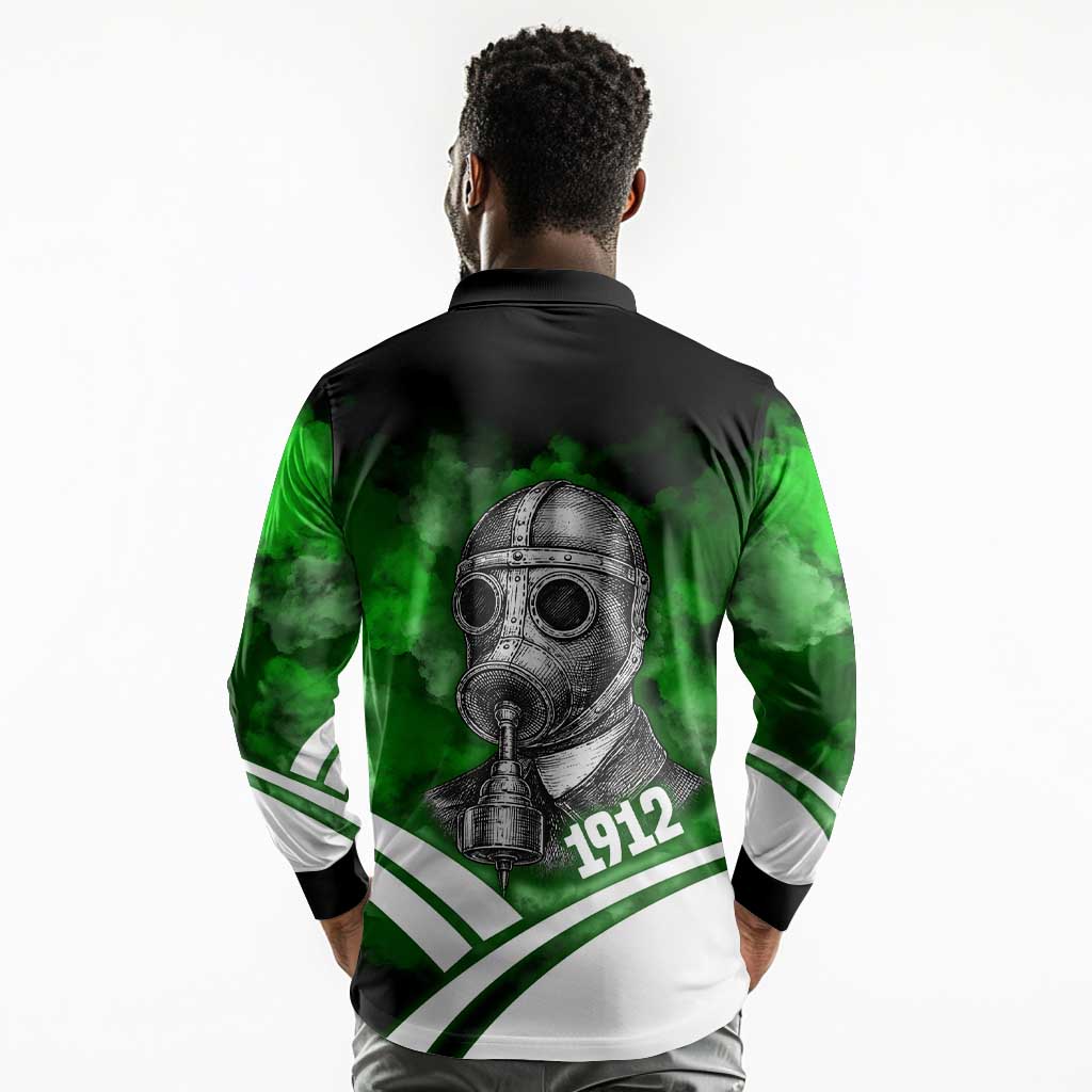 Garrett Morgan Long Sleeve Polo Shirt with Gas Mask Invention Illustration, Inventing to Save Lives Quote - Wonder Print Shop