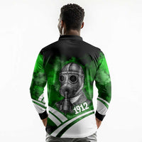 Garrett Morgan Long Sleeve Polo Shirt with Gas Mask Invention Illustration, Inventing to Save Lives Quote - Wonder Print Shop