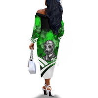 Garrett Morgan Off The Shoulder Long Sleeve Dress with Gas Mask Invention Illustration, Inventing to Save Lives Quote - Wonder Print Shop