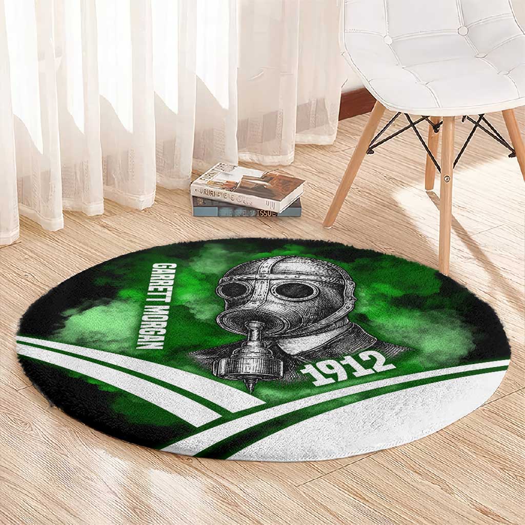 Garrett Morgan Round Carpet with Gas Mask Invention Illustration, Inventing to Save Lives Quote - Wonder Print Shop