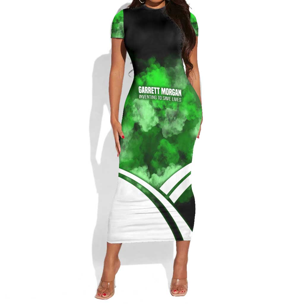 Garrett Morgan Short Sleeve Bodycon Dress with Gas Mask Invention Illustration, Inventing to Save Lives Quote - Wonder Print Shop