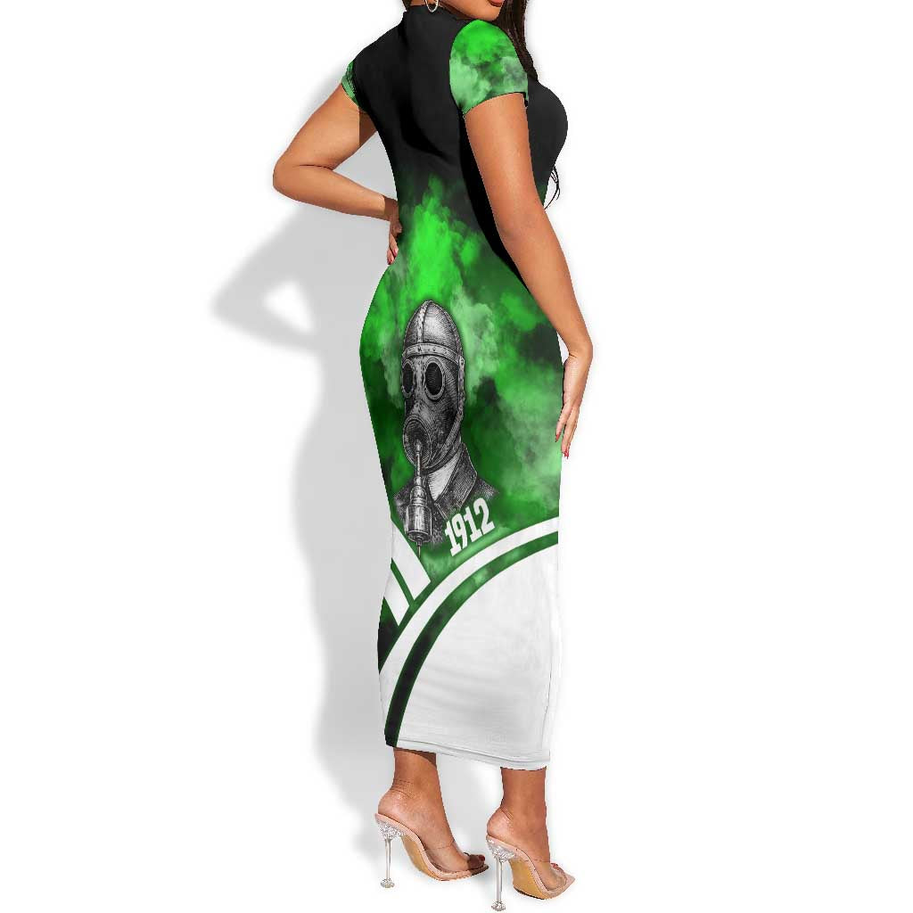 Garrett Morgan Short Sleeve Bodycon Dress with Gas Mask Invention Illustration, Inventing to Save Lives Quote - Wonder Print Shop