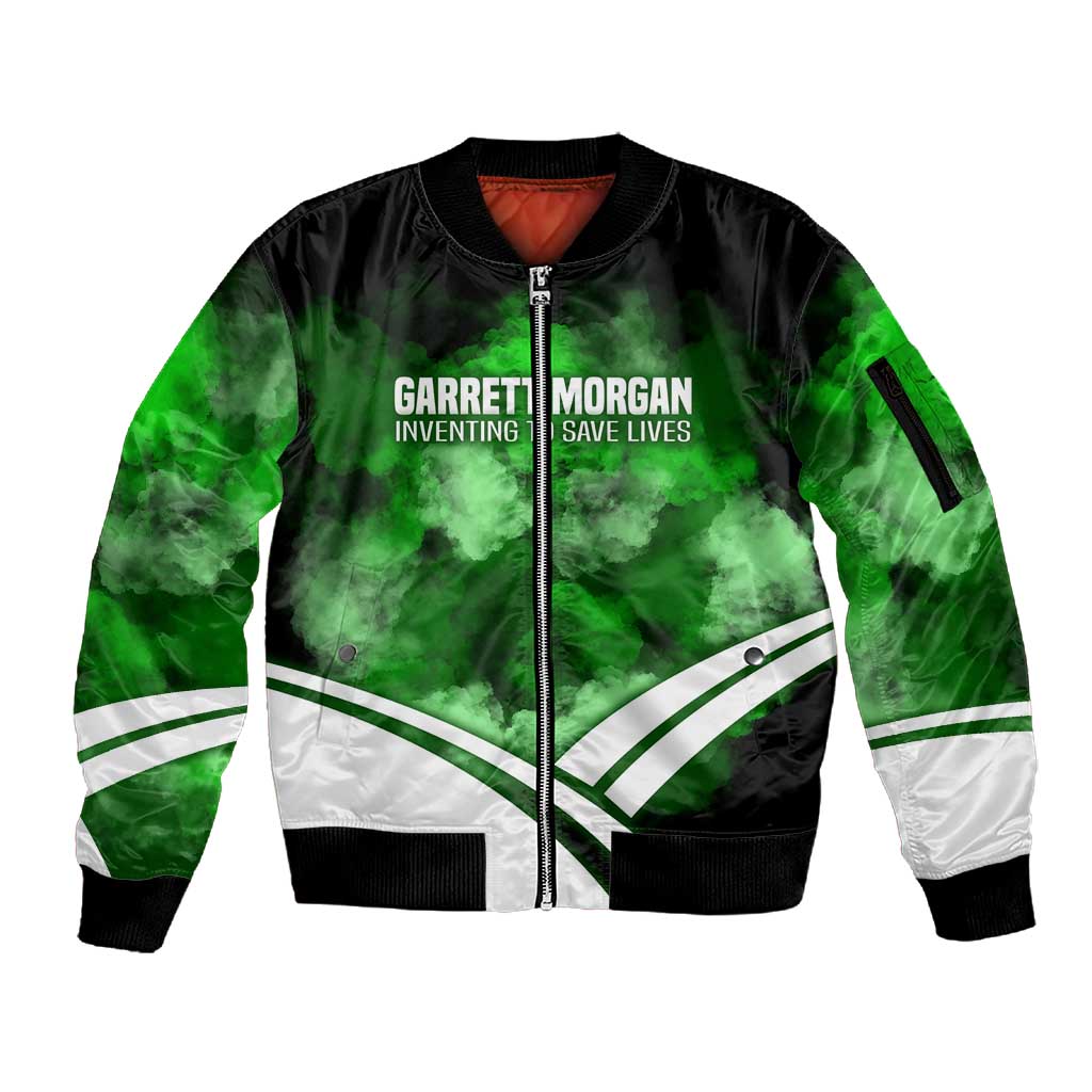 Garrett Morgan Sleeve Zip Bomber Jacket with Gas Mask Invention Illustration, Inventing to Save Lives Quote - Wonder Print Shop