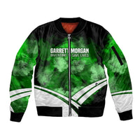 Garrett Morgan Sleeve Zip Bomber Jacket with Gas Mask Invention Illustration, Inventing to Save Lives Quote - Wonder Print Shop