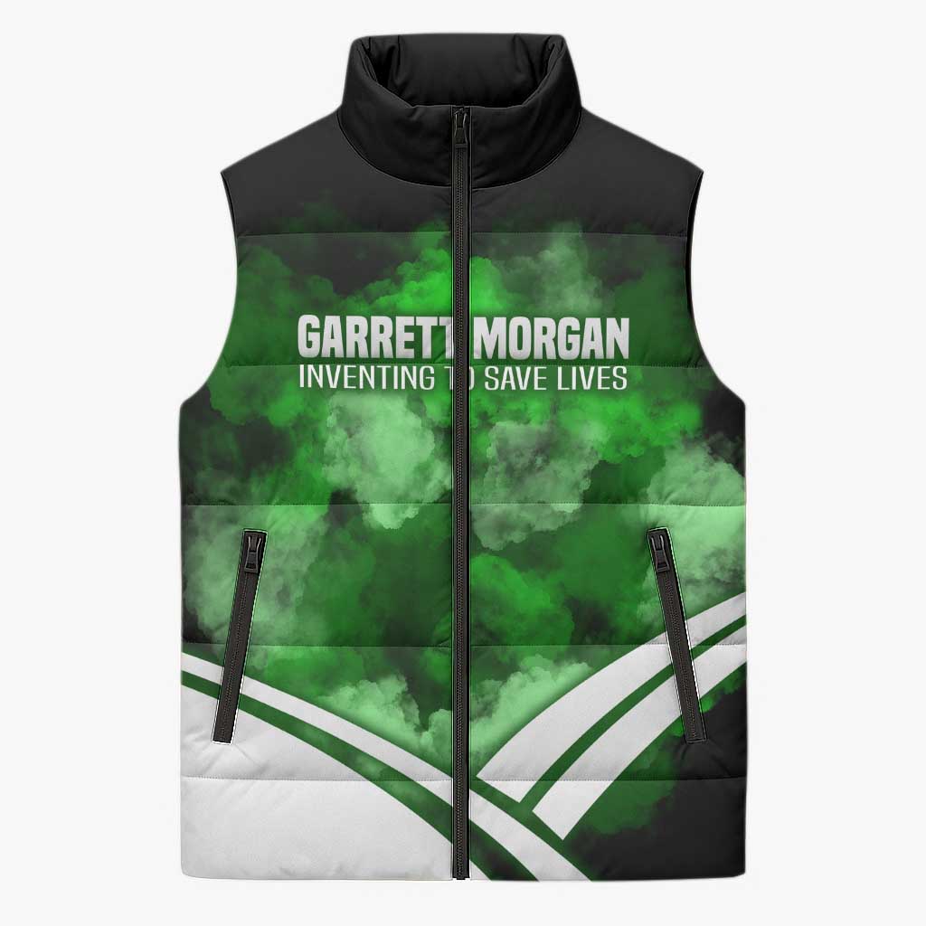 Garrett Morgan Sleeveless Puffer Jacket with Gas Mask Invention Illustration, Inventing to Save Lives Quote - Wonder Print Shop