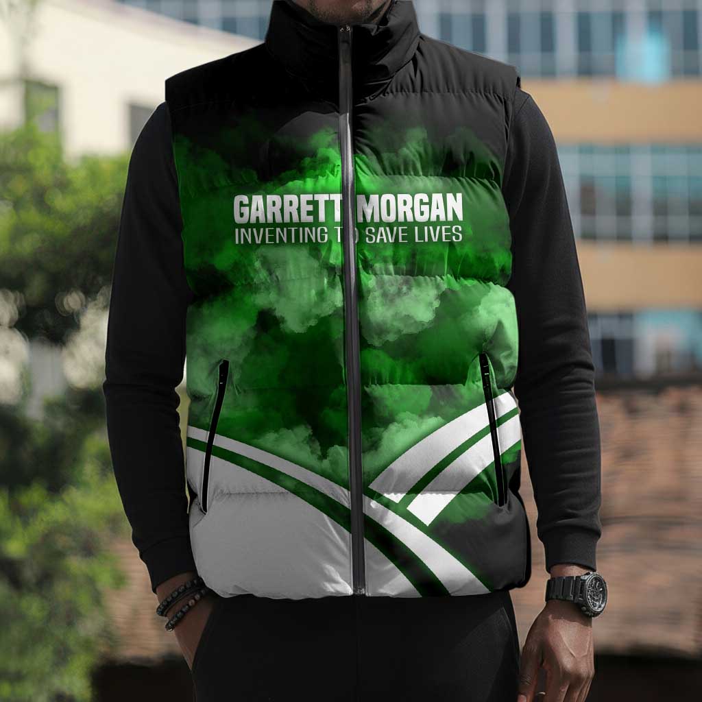 Garrett Morgan Sleeveless Puffer Jacket with Gas Mask Invention Illustration, Inventing to Save Lives Quote - Wonder Print Shop