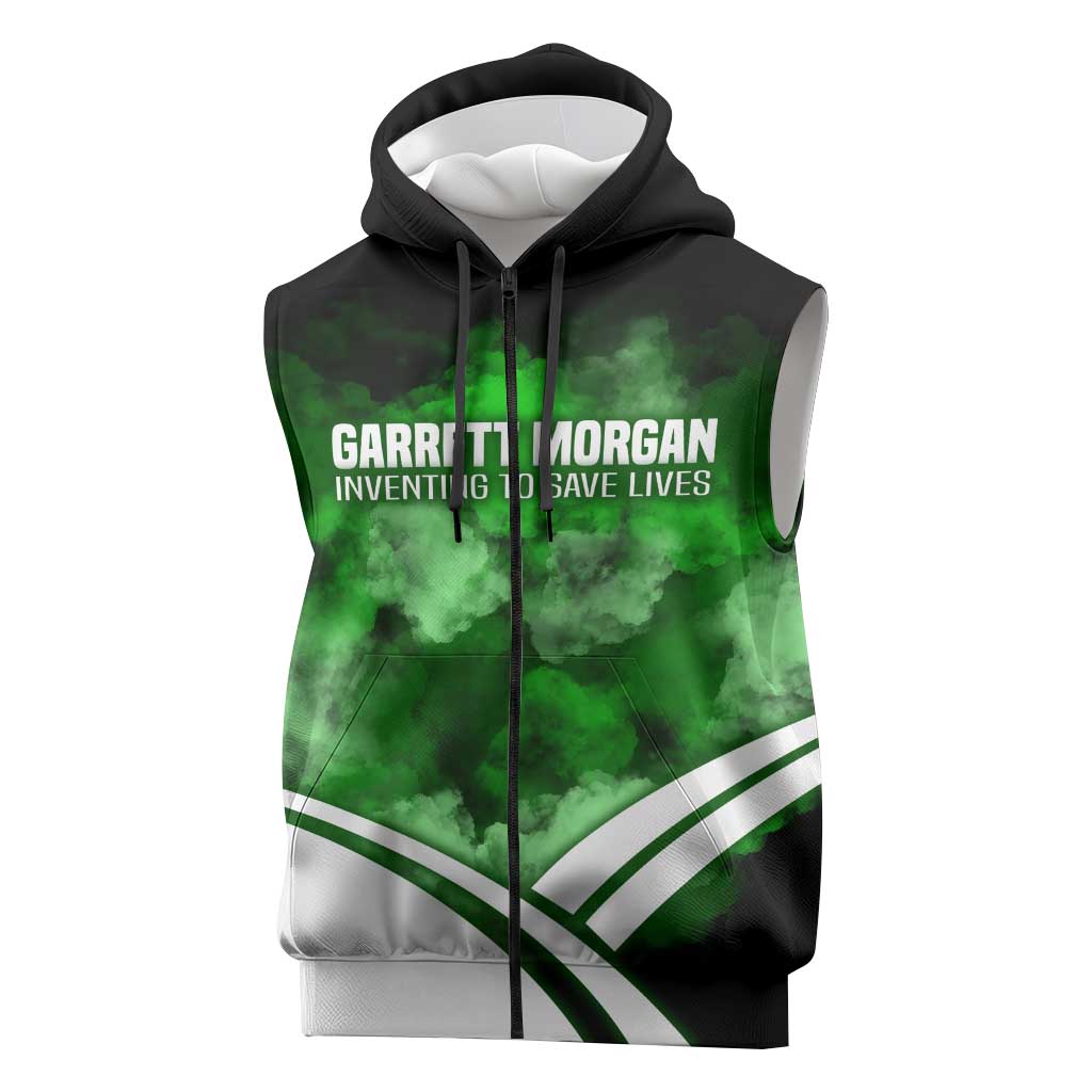 Garrett Morgan Sleeveless Zip Hoodie with Gas Mask Invention Illustration, Inventing to Save Lives Quote - Wonder Print Shop