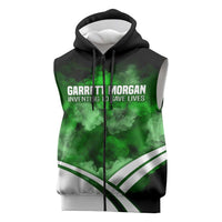Garrett Morgan Sleeveless Zip Hoodie with Gas Mask Invention Illustration, Inventing to Save Lives Quote - Wonder Print Shop