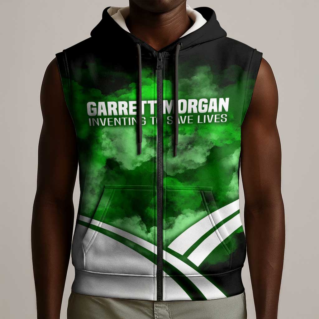 Garrett Morgan Sleeveless Zip Hoodie with Gas Mask Invention Illustration, Inventing to Save Lives Quote - Wonder Print Shop