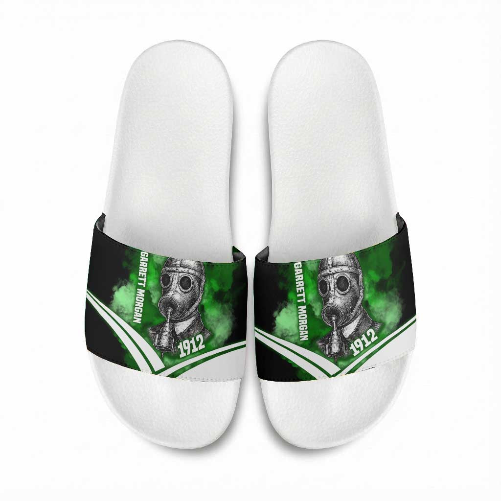 Garrett Morgan Slide Sandals with Gas Mask Invention Illustration, Inventing to Save Lives Quote - Wonder Print Shop