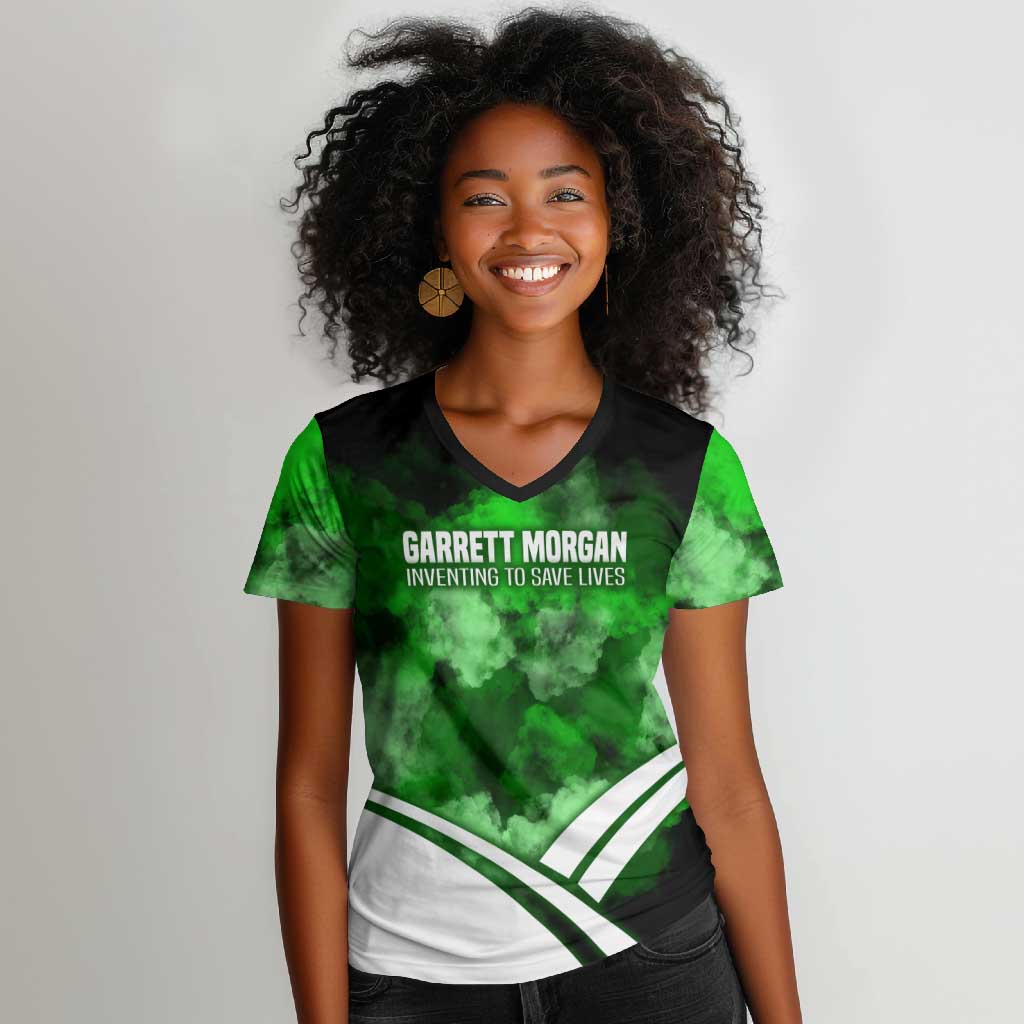 Garrett Morgan Women V-Neck T-Shirt with Gas Mask Invention Illustration, Inventing to Save Lives Quote - Wonder Print Shop