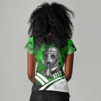 Garrett Morgan Women V-Neck T-Shirt with Gas Mask Invention Illustration, Inventing to Save Lives Quote - Wonder Print Shop