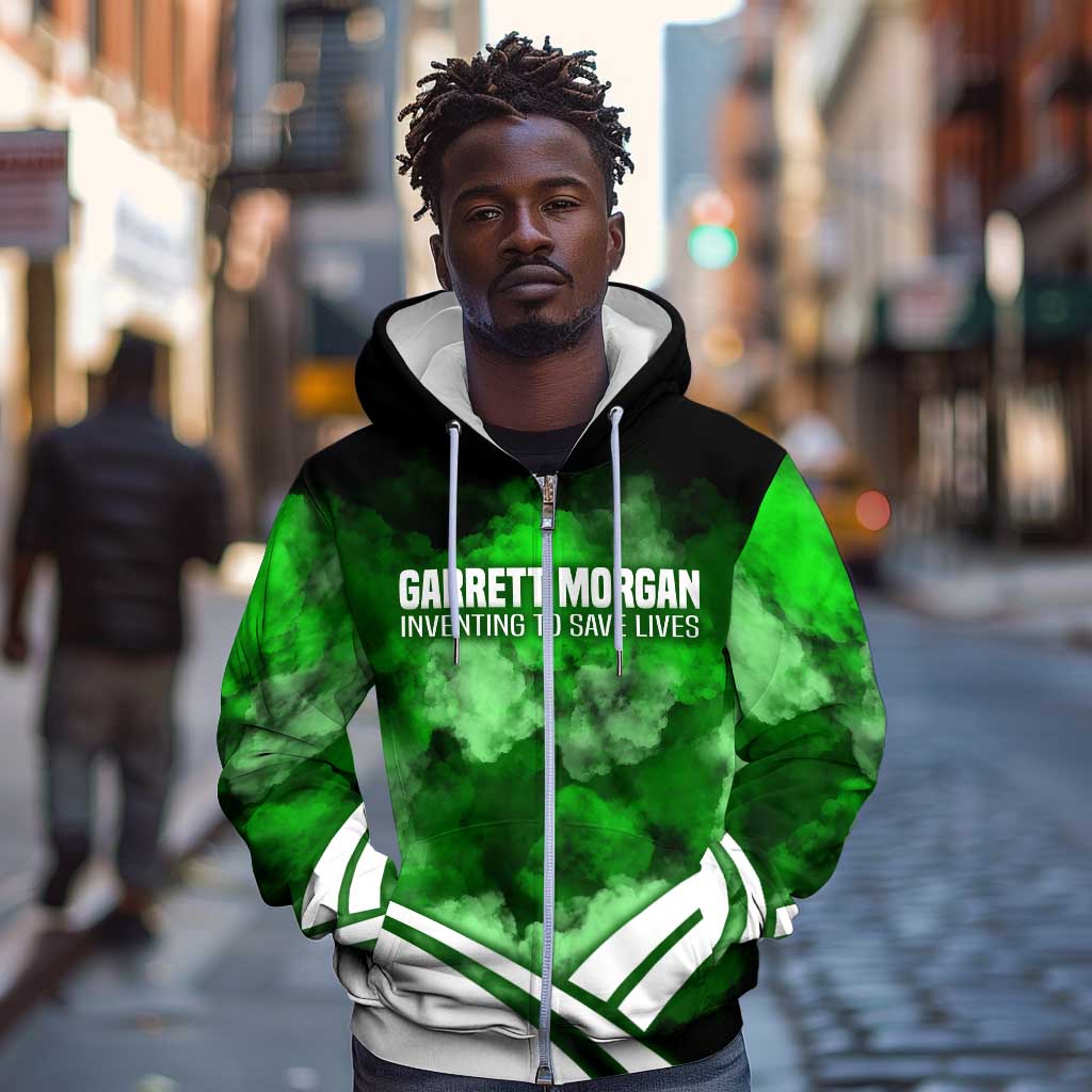 Garrett Morgan Zip Hoodie with Gas Mask Invention Illustration, Inventing to Save Lives Quote - Wonder Print Shop