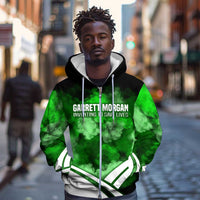 Garrett Morgan Zip Hoodie with Gas Mask Invention Illustration, Inventing to Save Lives Quote - Wonder Print Shop