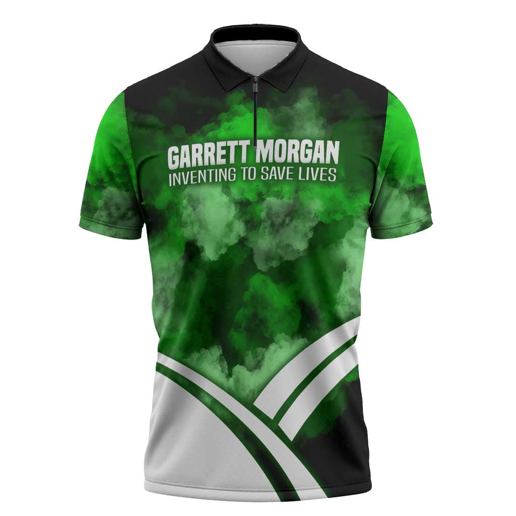 Garrett Morgan Zipper Polo Shirt with Gas Mask Invention Illustration, Inventing to Save Lives Quote - Wonder Print Shop