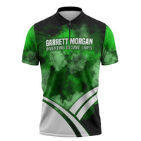 Garrett Morgan Zipper Polo Shirt with Gas Mask Invention Illustration, Inventing to Save Lives Quote - Wonder Print Shop